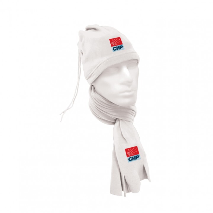 CHP Logolu Beyaz Polar Büzgülü Bere ve Atkı Takımı 23x143 cm Anti-Pilling Ünisex Promosyon Seti